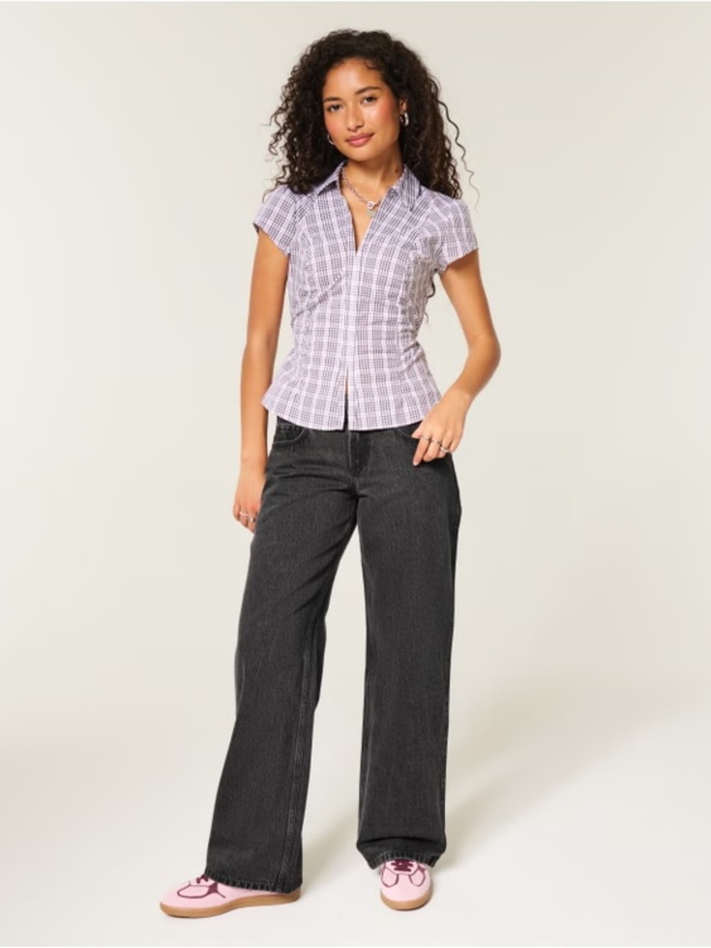 Hollister Lavender Plaid Short-Sleeve Blouse & Black Wide-Leg Jeans